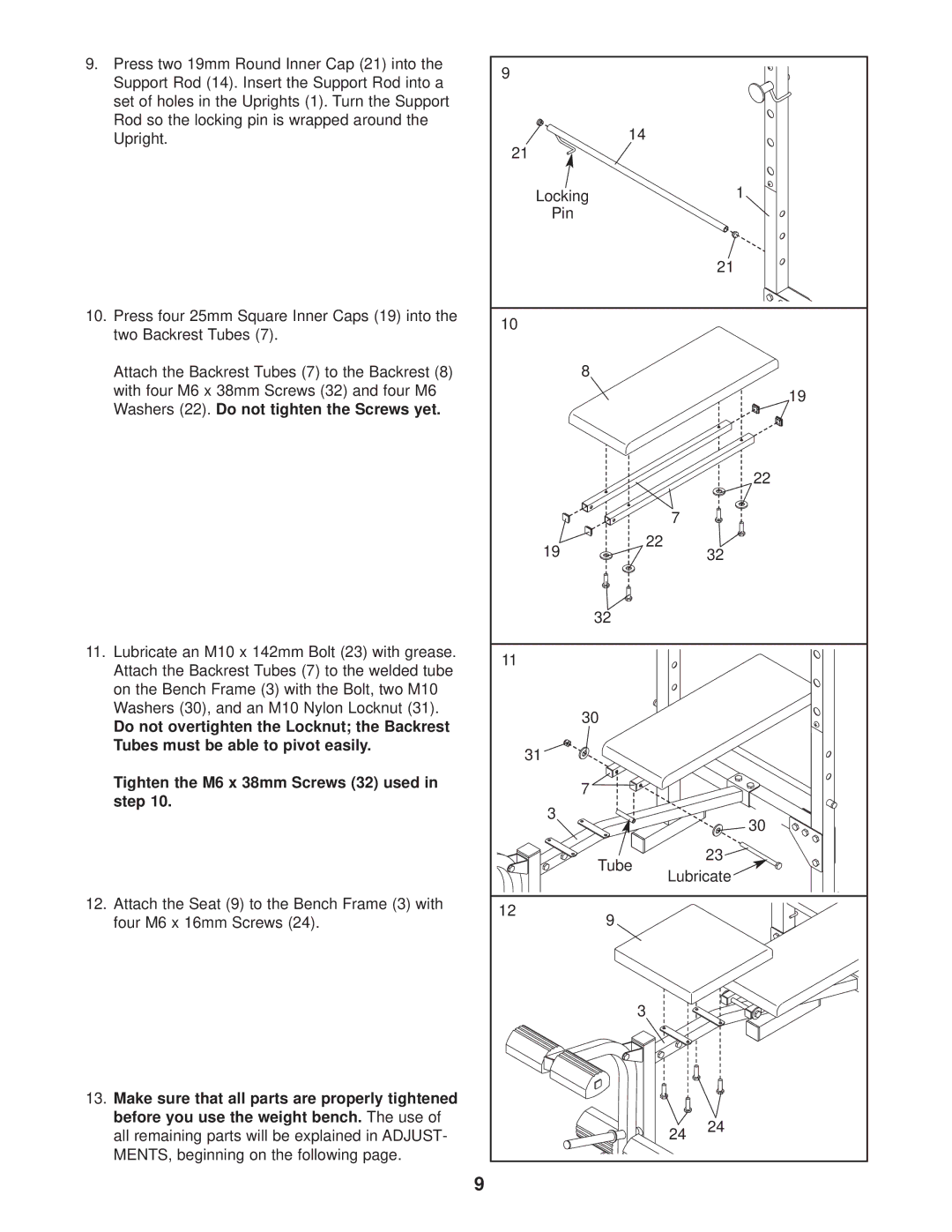 Weider 831.150290 user manual Washers 22. Do not tighten the Screws yet 