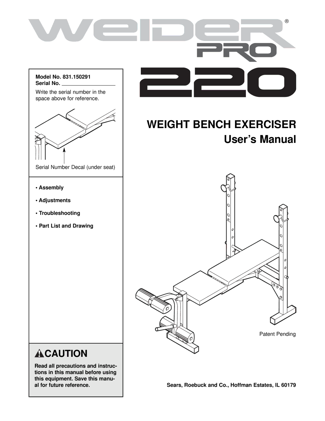 Weider 831.150291 user manual Model No Serial No, Sears, Roebuck and Co., Hoffman Estates, IL 