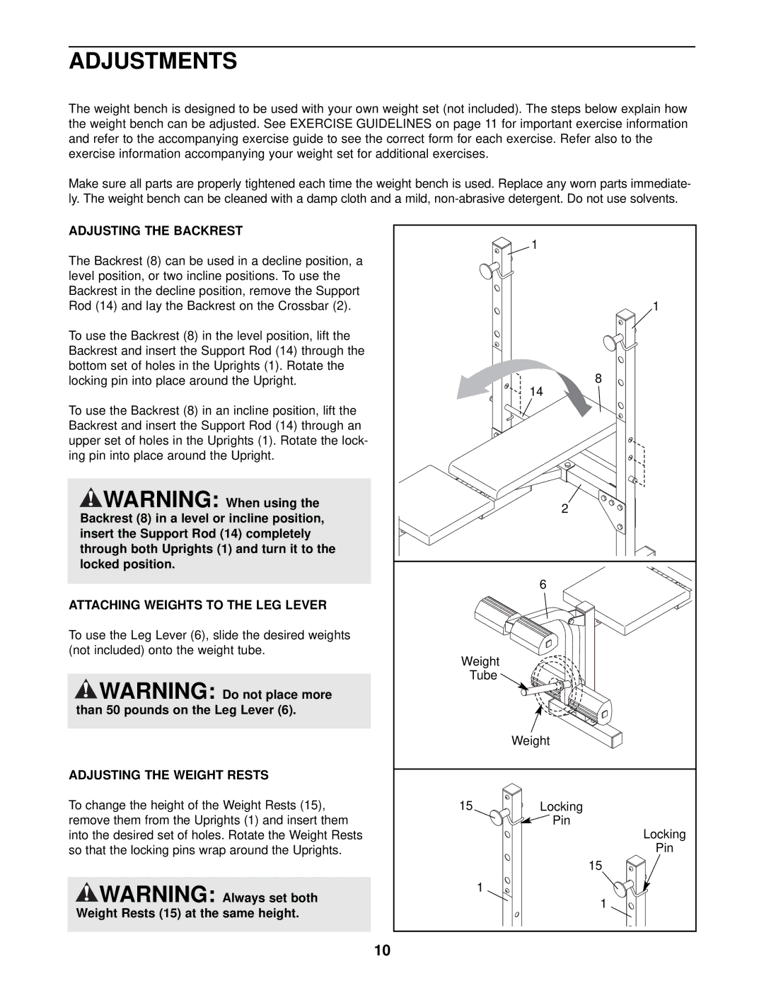 Weider 831.150291 user manual Adjustments, Adjusting the Backrest 