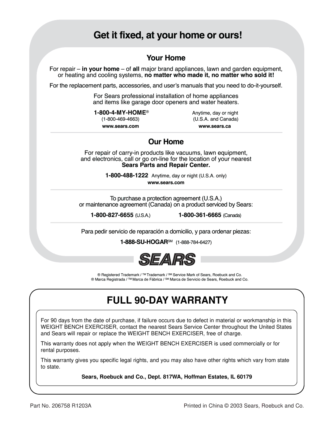 Weider 831.150291 user manual Full 90-DAY Warranty, Sears, Roebuck and Co., Dept WA, Hoffman Estates, IL 