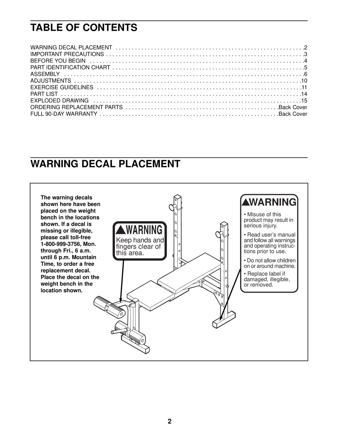 Weider 831.150291 user manual Table of Contents 