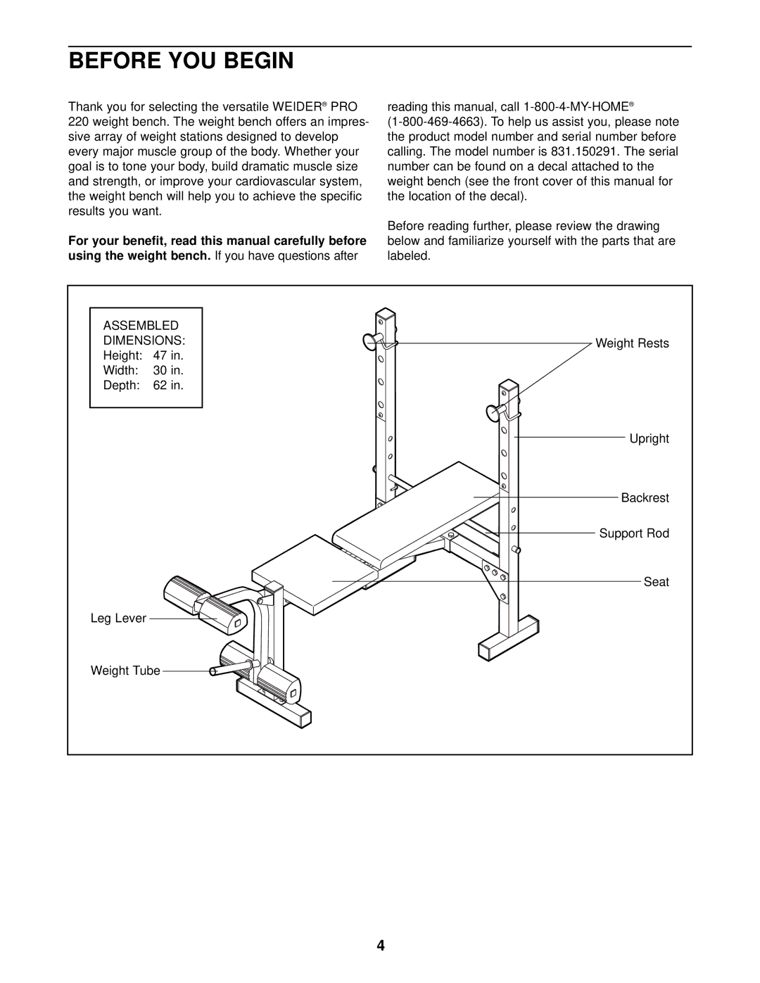 Weider 831.150291 user manual Before YOU Begin 