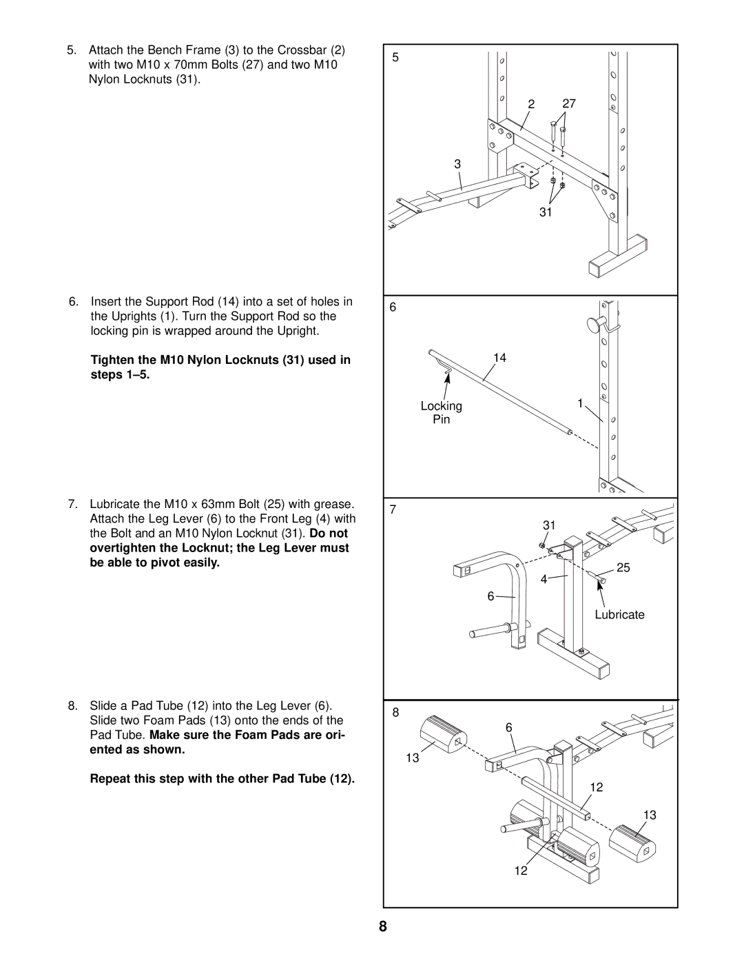 Weider 831.150291 user manual Tighten the M10 Nylon Locknuts 31 used in steps, Repeat this step with the other Pad Tube 