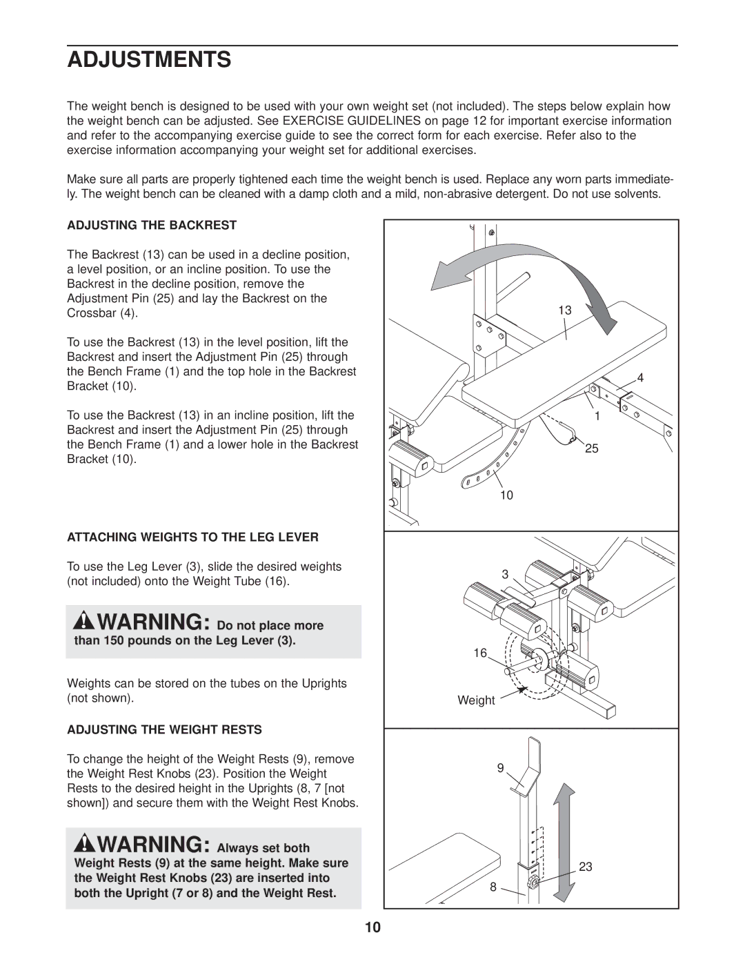 Weider 831.150300 Adjustments, Adjusting the Backrest, Attaching Weights to the LEG Lever, Adjusting the Weight Rests 