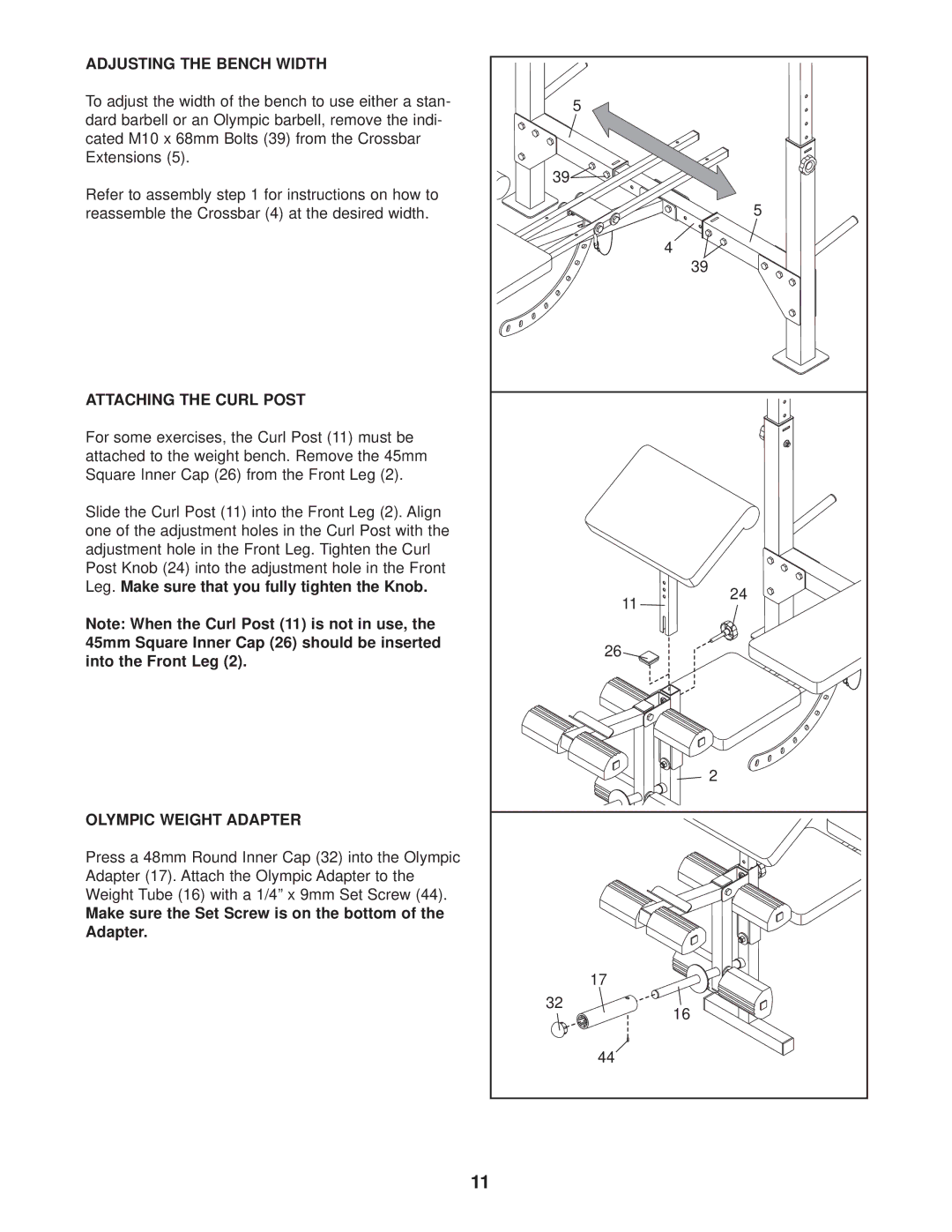 Weider 831.150300 user manual Adjusting the Bench Width, Attaching the Curl Post, Olympic Weight Adapter 