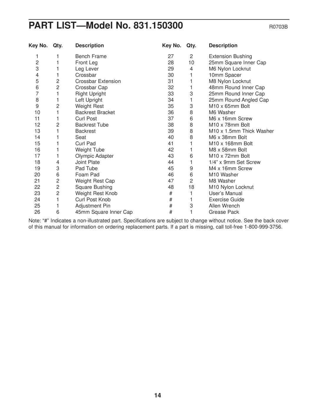 Weider 831.150300 user manual Part LIST-Model No, Qty Description 