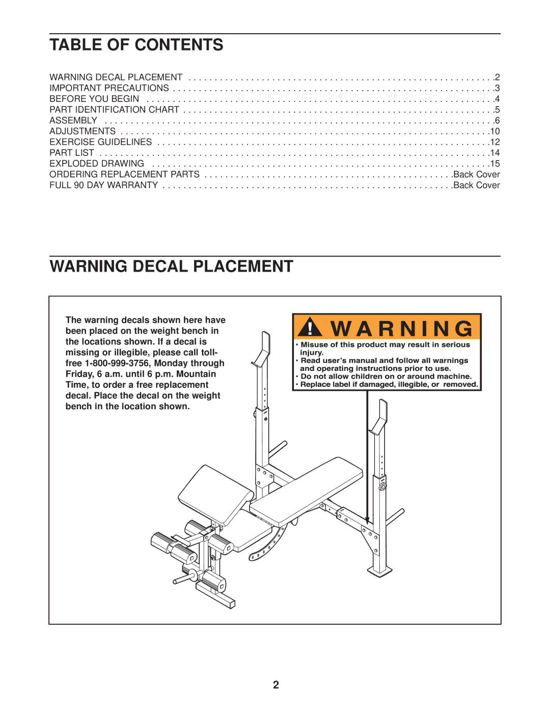 Weider 831.150300 user manual Table of Contents 