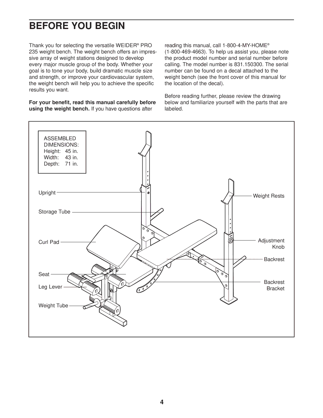 Weider 831.150300 user manual Before YOU Begin, Dimensions 