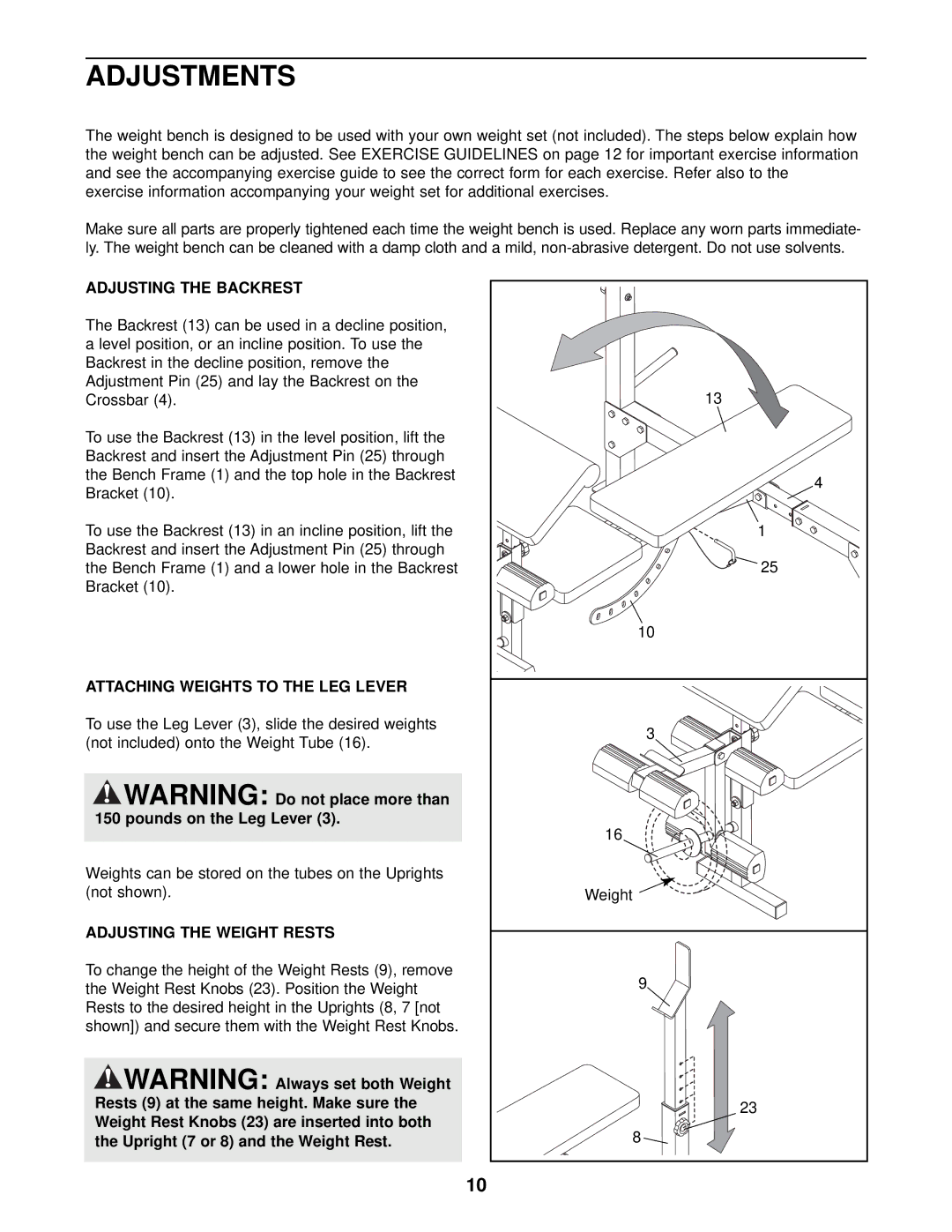 Weider 831.150301 Adjustments, Adjusting the Backrest, Attaching Weights to the LEG Lever, Adjusting the Weight Rests 