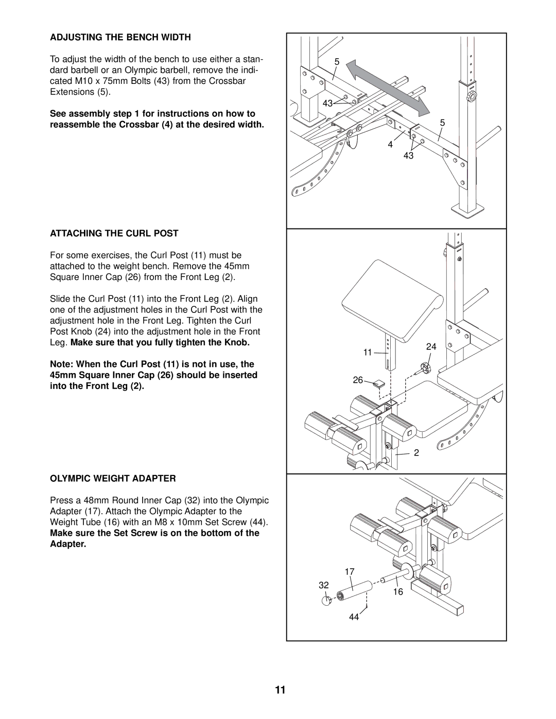 Weider 831.150301 user manual Adjusting the Bench Width, Attaching the Curl Post, Olympic Weight Adapter 