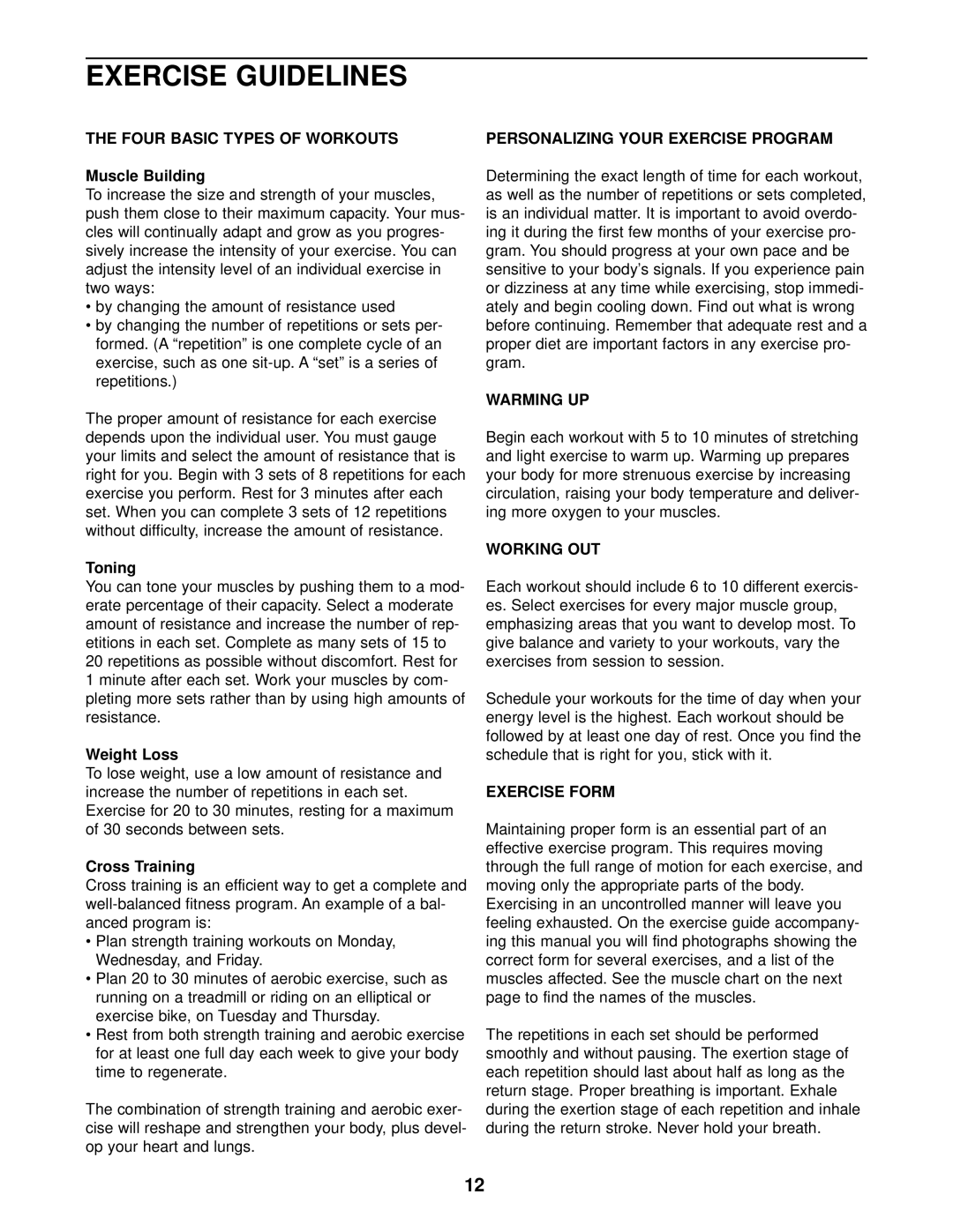 Weider 831.150301 user manual Exercise Guidelines 