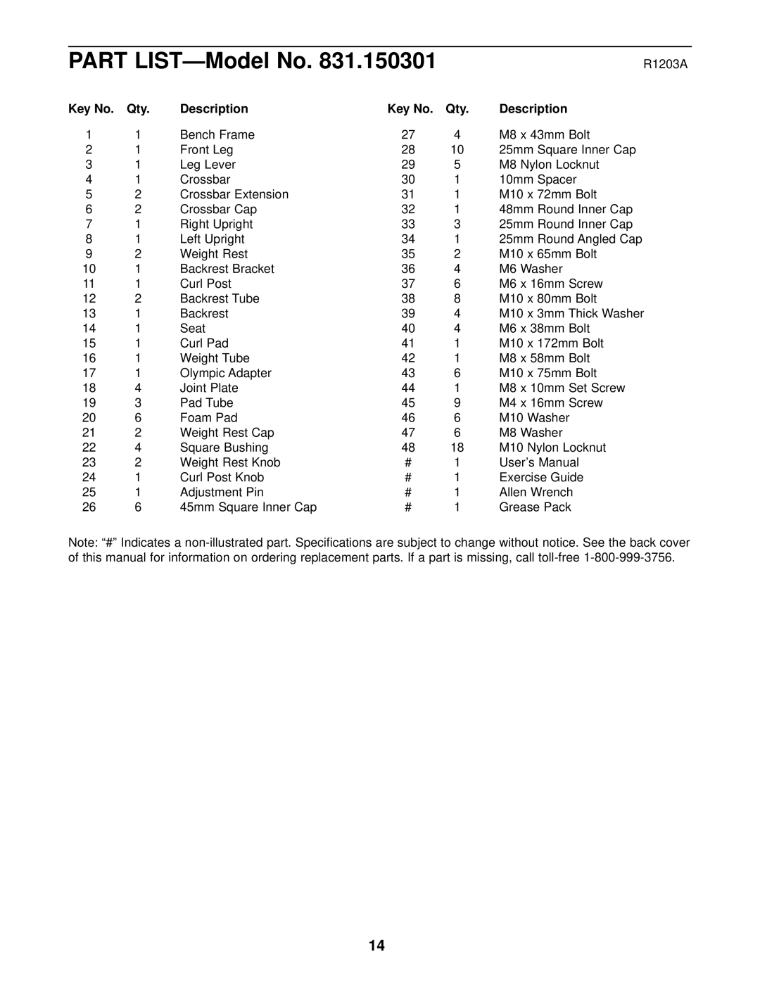 Weider 831.150301 user manual Part LIST-Model No, Qty Description 