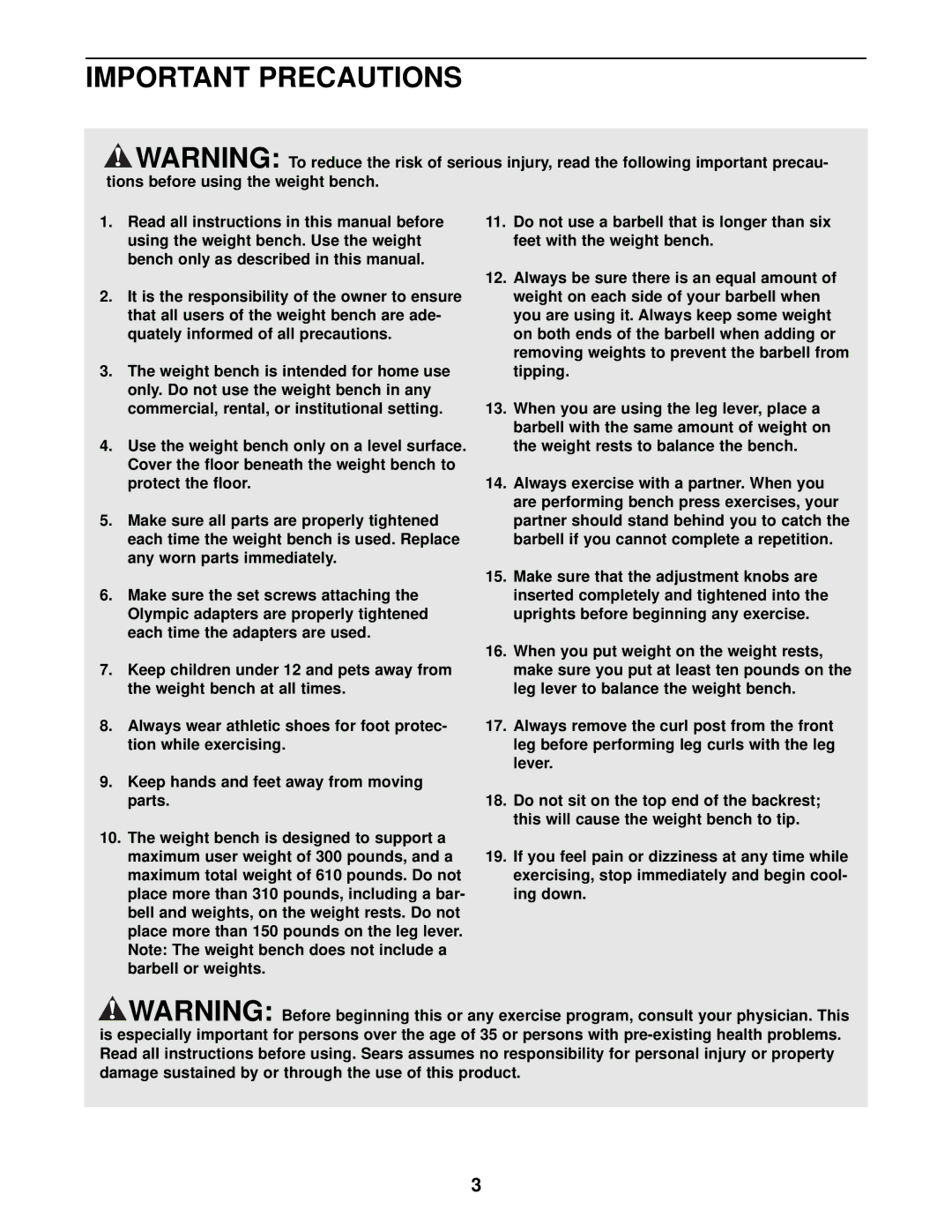 Weider 831.150301 user manual Important Precautions 