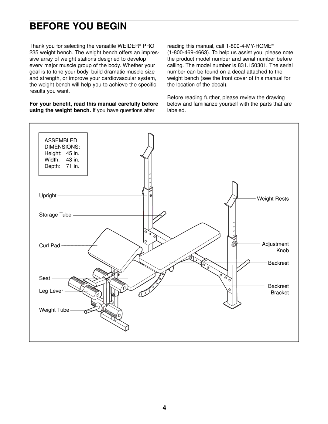 Weider 831.150301 user manual Before YOU Begin, Dimensions 