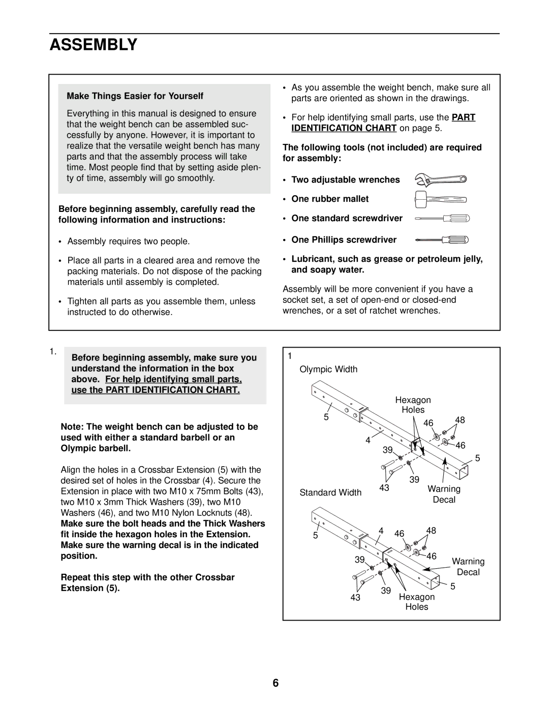 Weider 831.150301 user manual Assembly, Make Things Easier for Yourself 