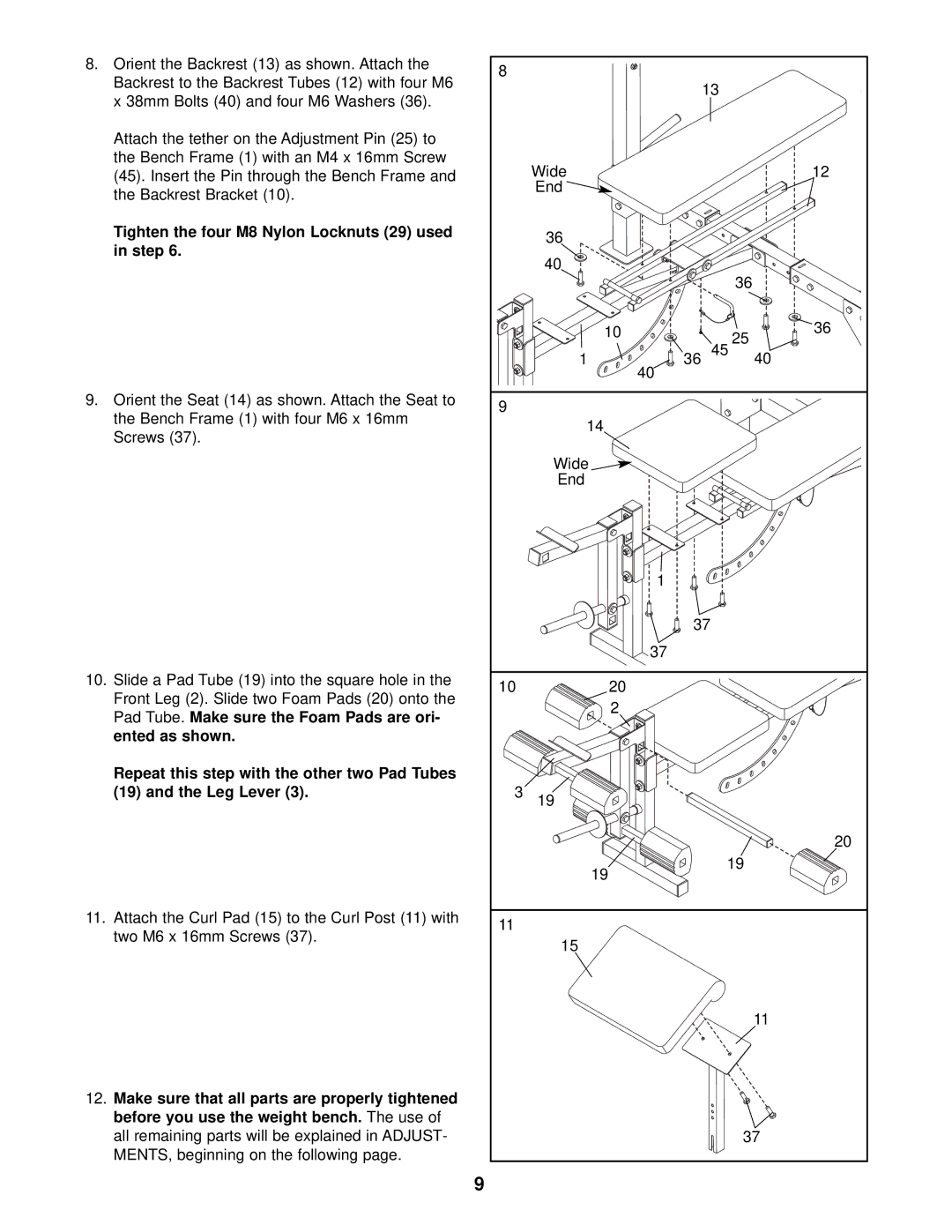 Weider 831.150301 user manual Tighten the four M8 Nylon Locknuts 29 used in step 