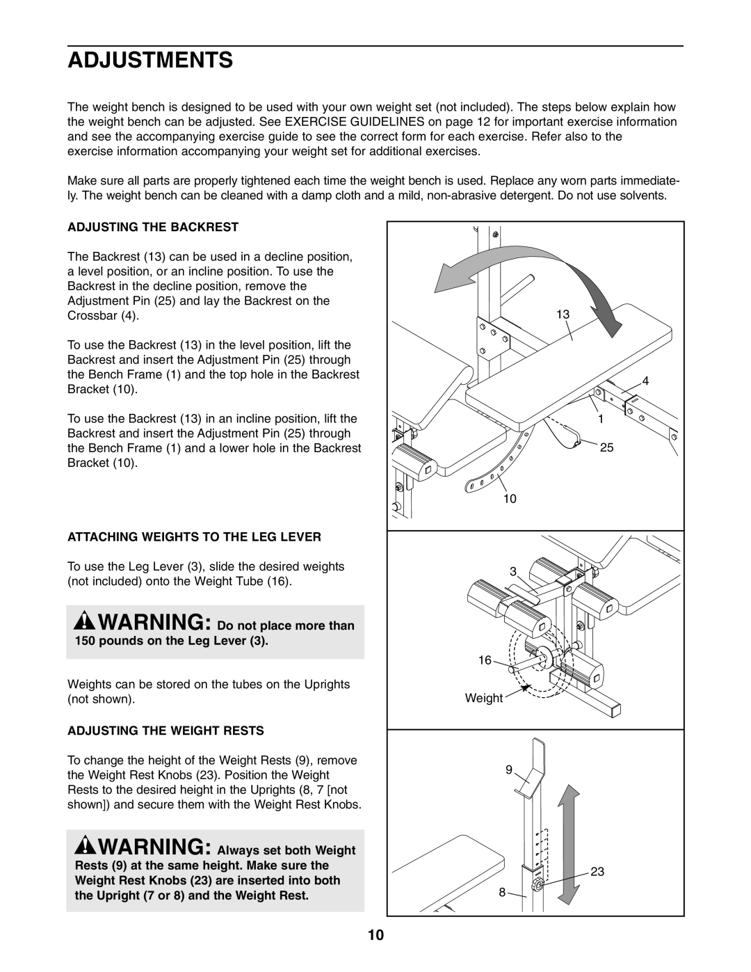 Weider 831.150302 Adjustments, Adjusting the Backrest, Attaching Weights to the LEG Lever, Adjusting the Weight Rests 