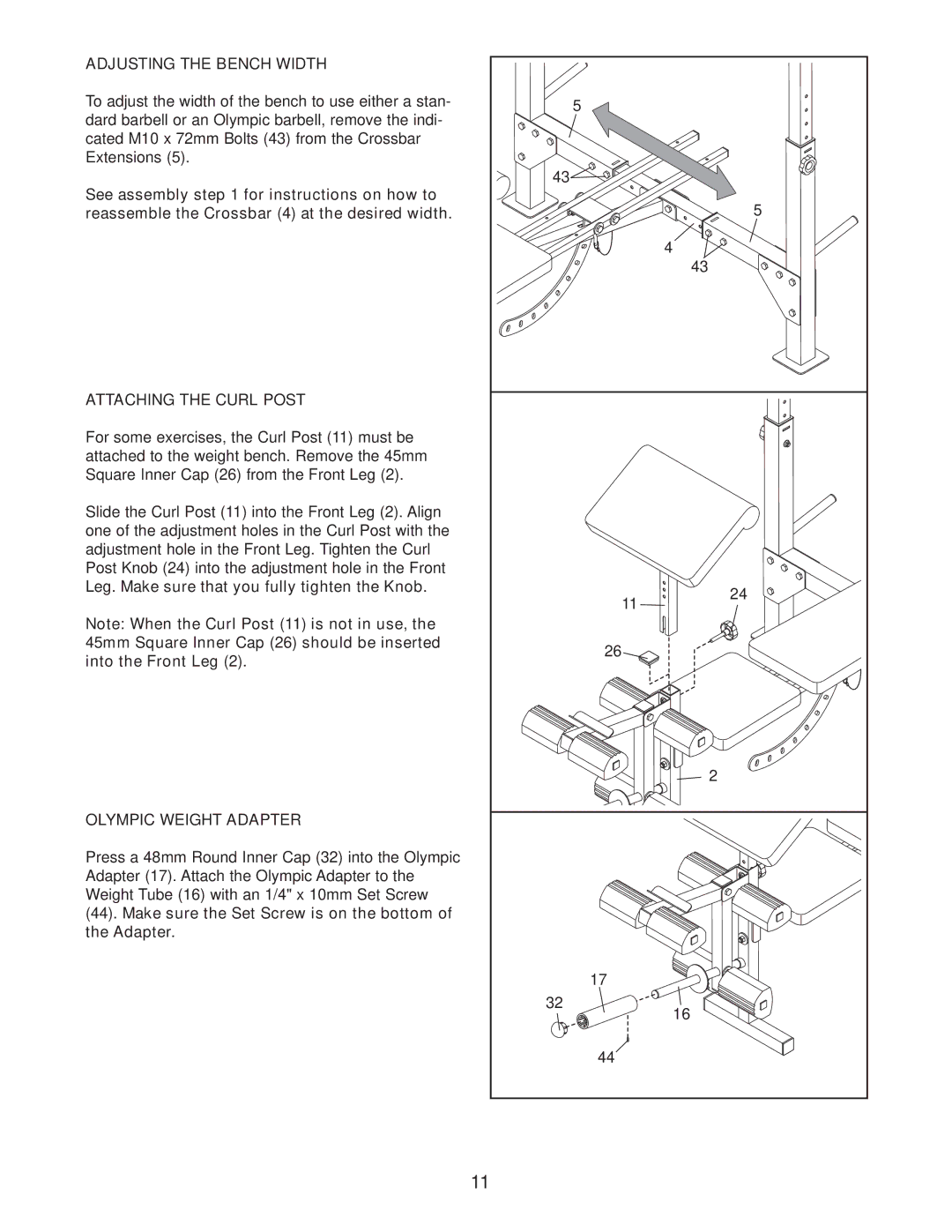 Weider 831.150302 user manual Adjusting the Bench Width, Attaching the Curl Post, Olympic Weight Adapter 