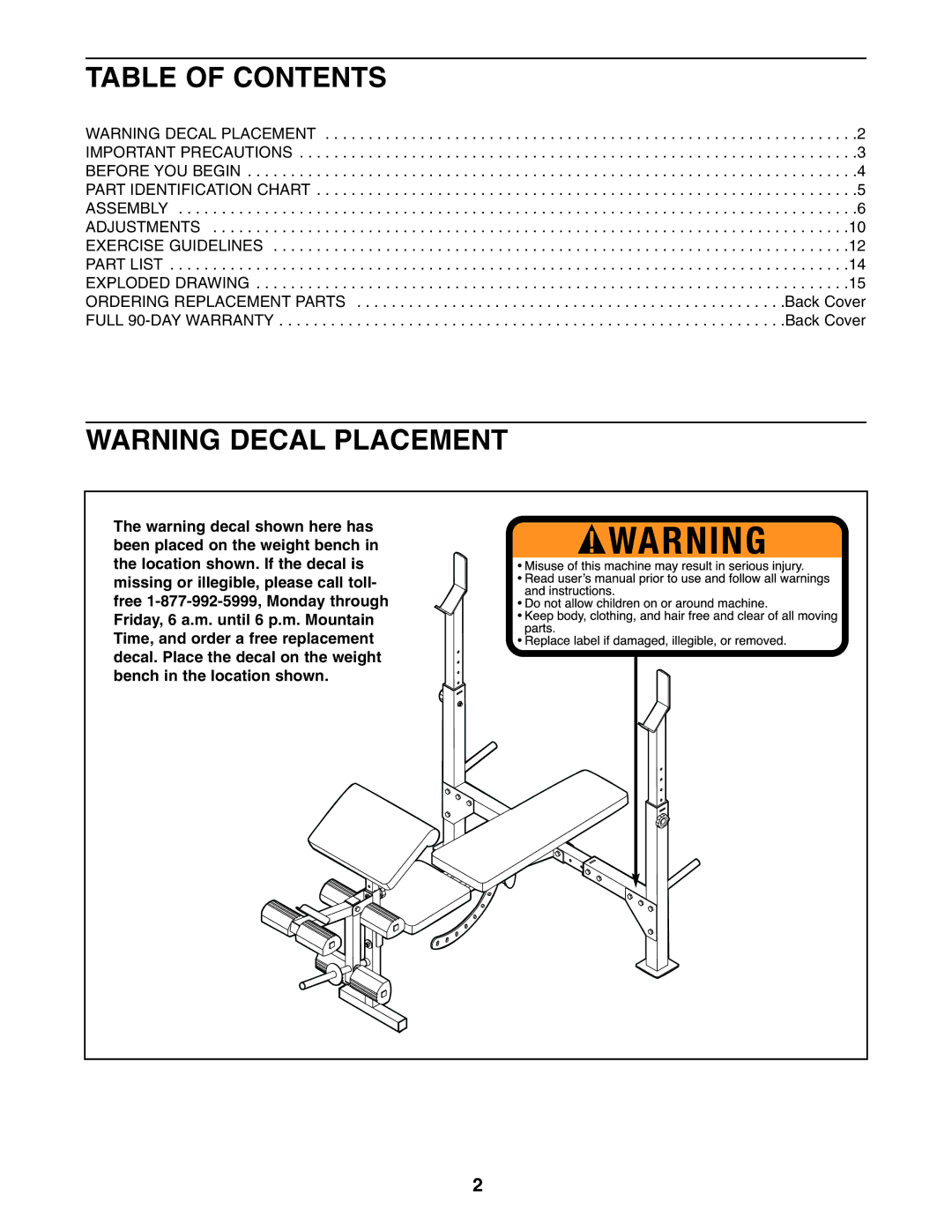 Weider 831.150302 user manual Table of Contents 