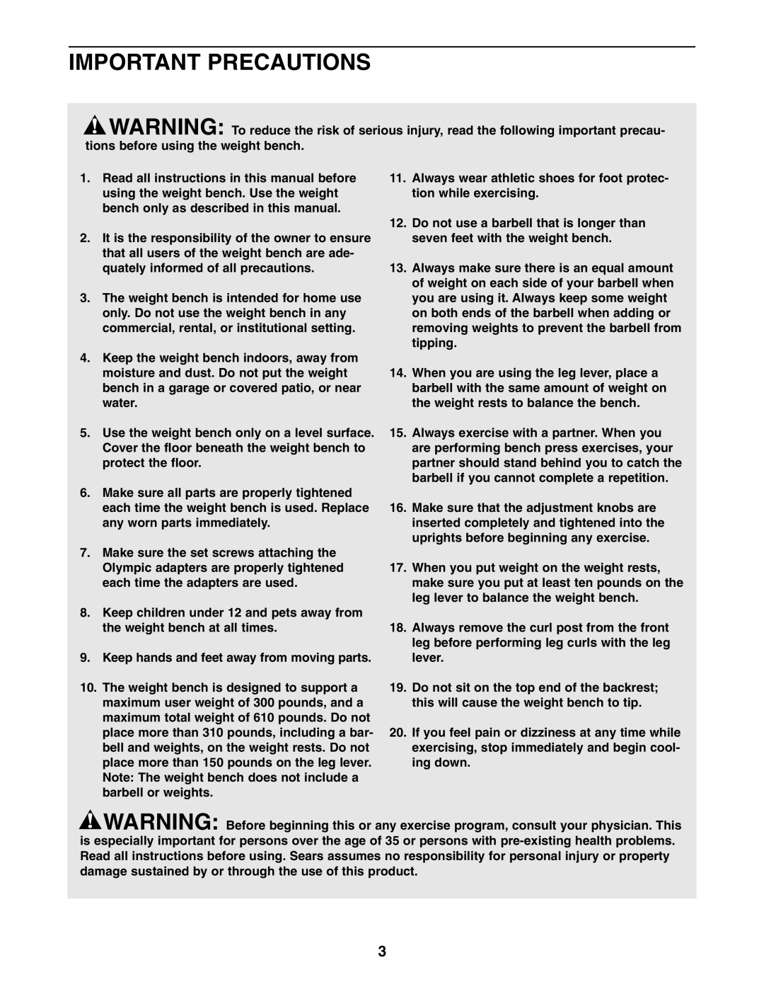 Weider 831.150302 user manual Important Precautions 