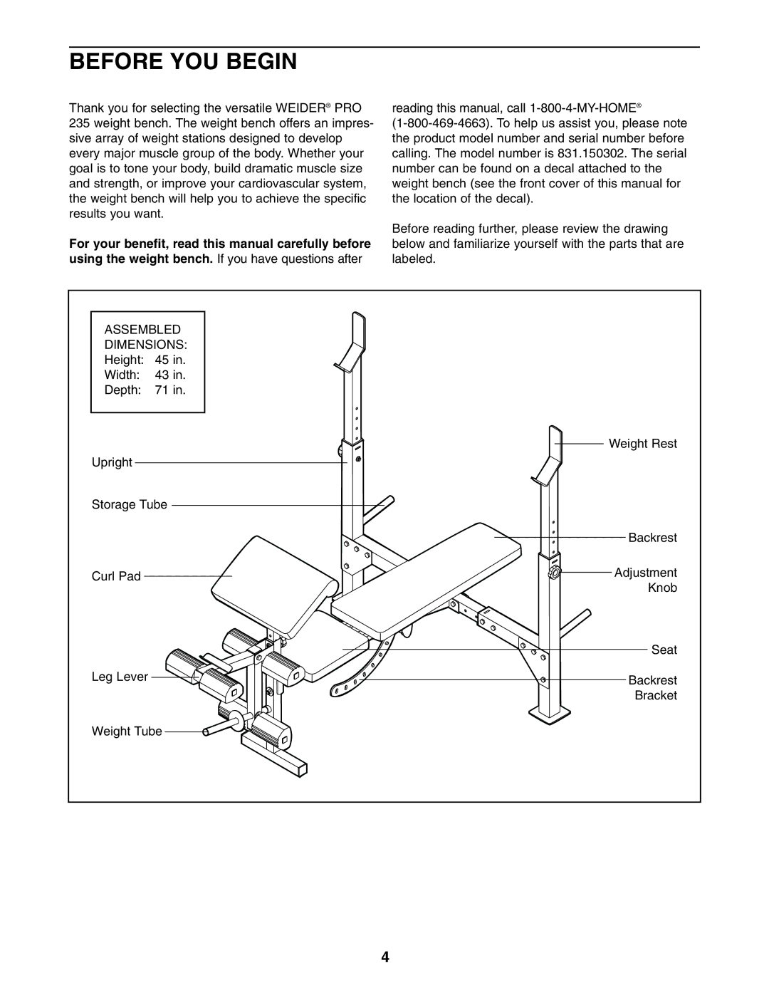 Weider 831.150302 user manual Before YOU Begin, Dimensions 