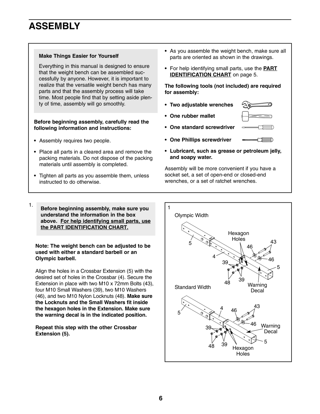 Weider 831.150302 user manual Assembly, Make Things Easier for Yourself, Repeat this step with the other Crossbar Extension 