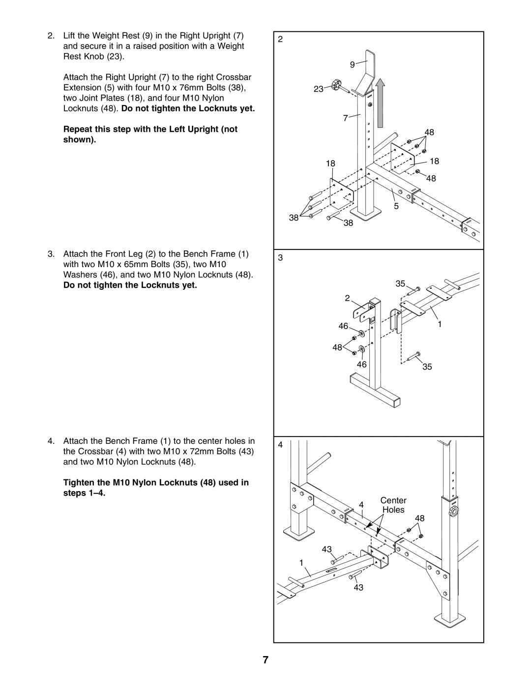 Weider 831.150302 user manual Repeat this step with the Left Upright not shown, Do not tighten the Locknuts yet 