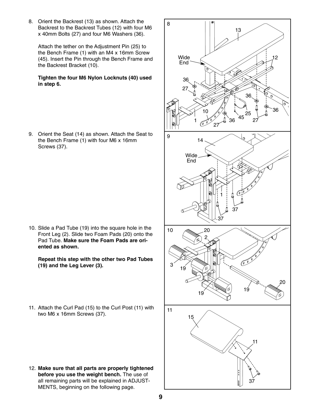 Weider 831.150302 user manual Tighten the four M6 Nylon Locknuts 40 used in step 