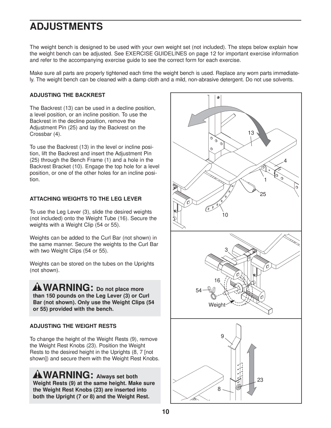 Weider 831.150310 Adjustments, Adjusting the Backrest, Attaching Weights to the LEG Lever, Adjusting the Weight Rests 