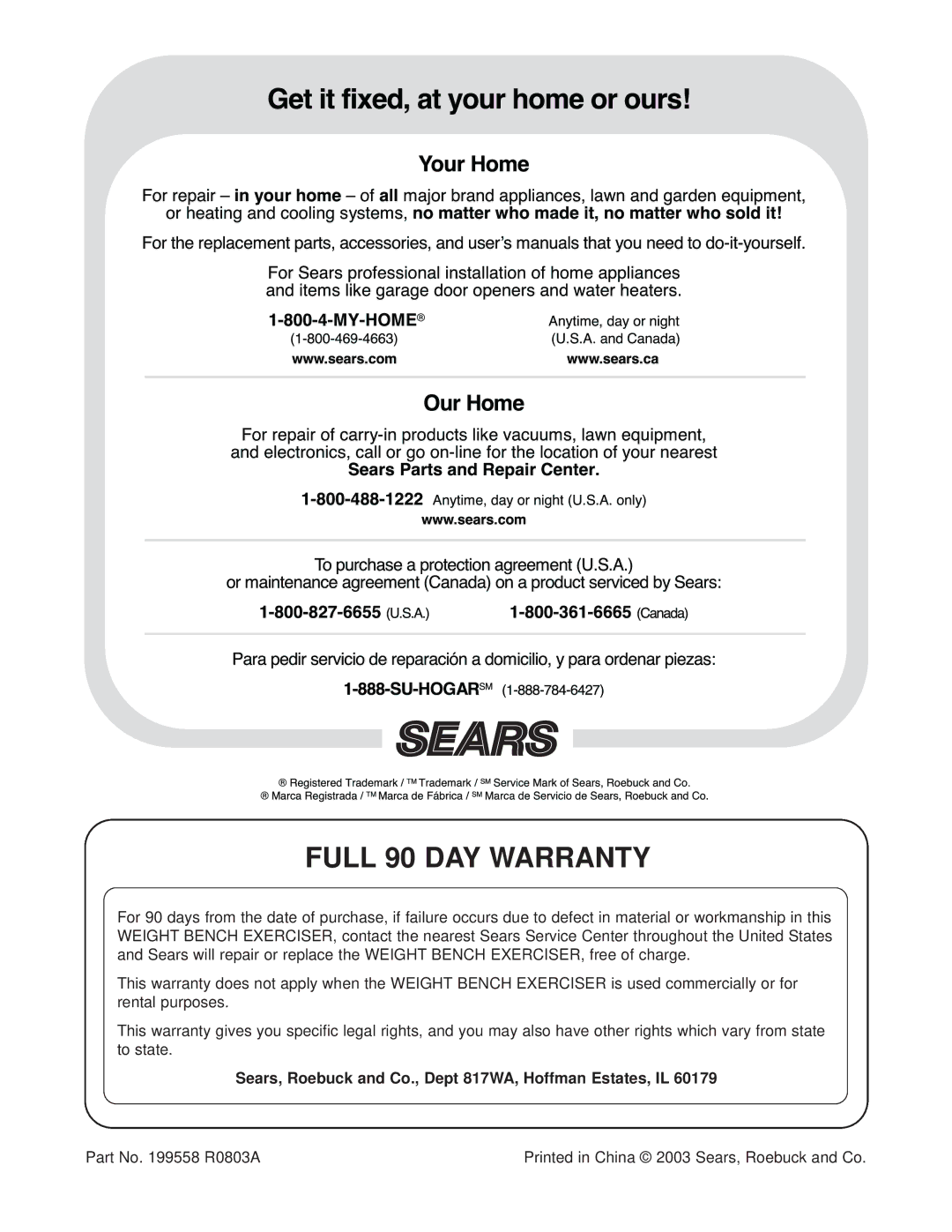 Weider 831.150310 user manual Full 90 DAY Warranty, Sears, Roebuck and Co., Dept 817WA, Hoffman Estates, IL 