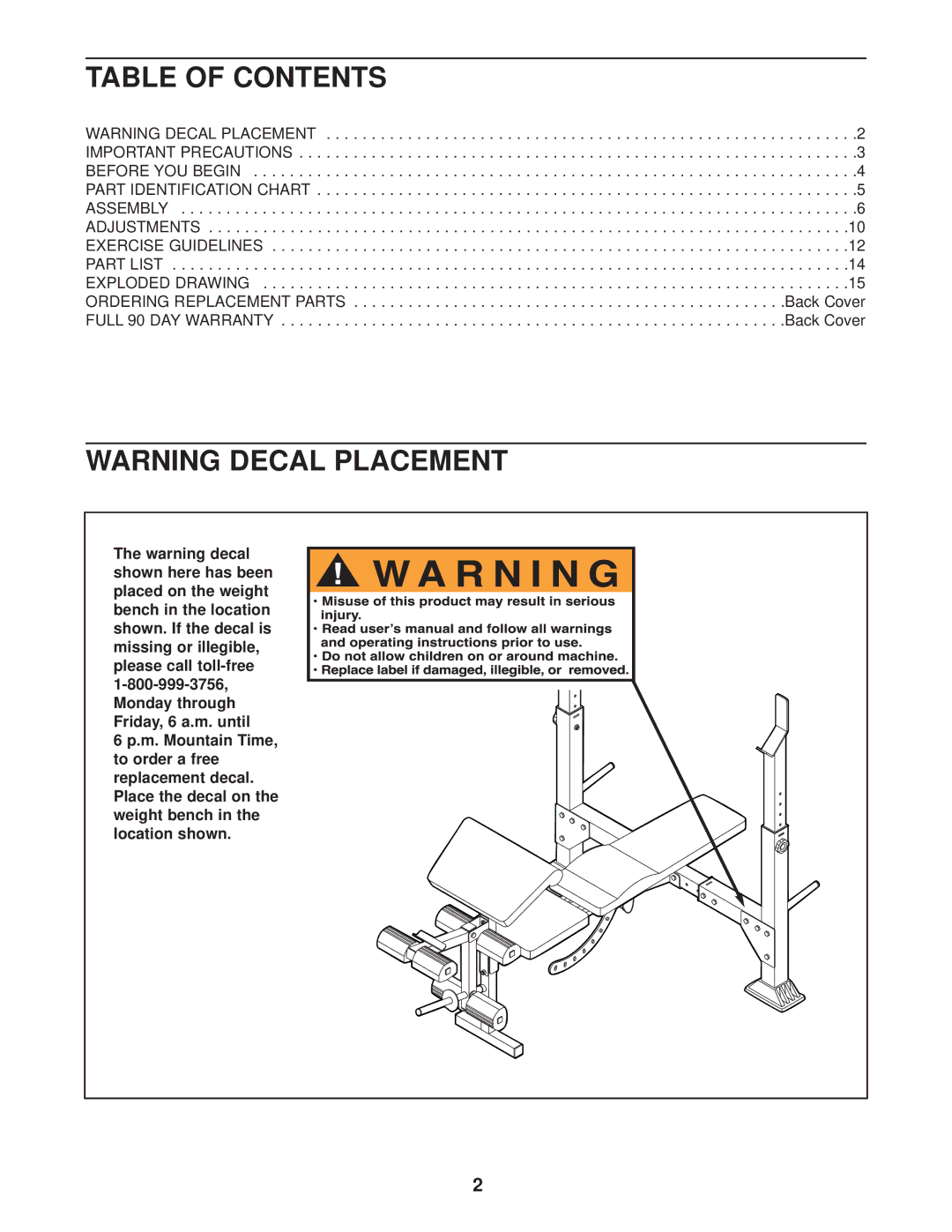 Weider 831.150310 user manual Table of Contents 