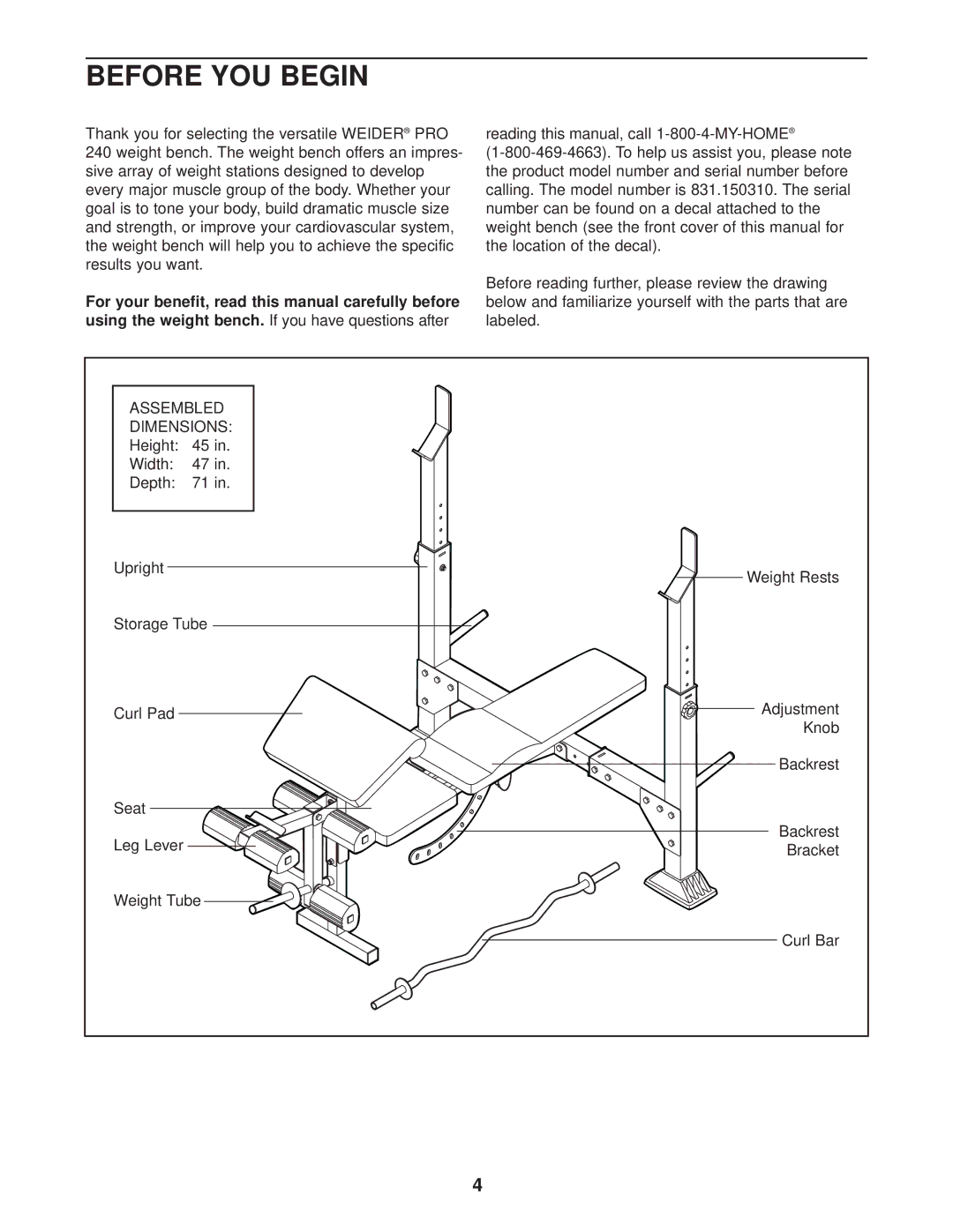 Weider 831.150310 user manual Before YOU Begin, Dimensions 