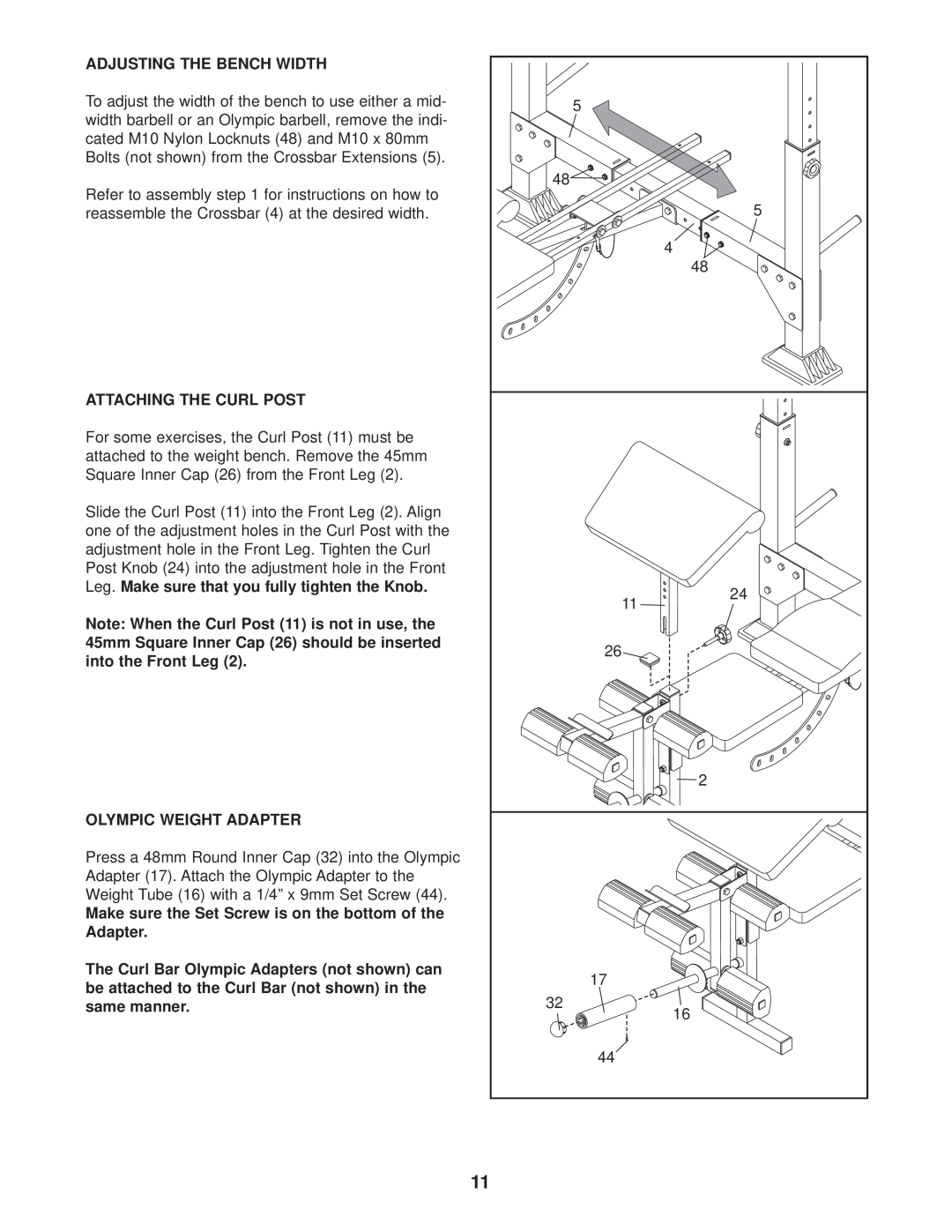 Weider 831.150310 user manual Adjusting The Bench Width, Attaching The Curl Post, Olympic Weight Adapter 