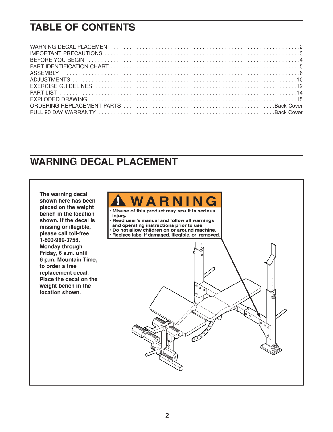 Weider 831.150310 user manual Table Of Contents, Warning Decal Placement 
