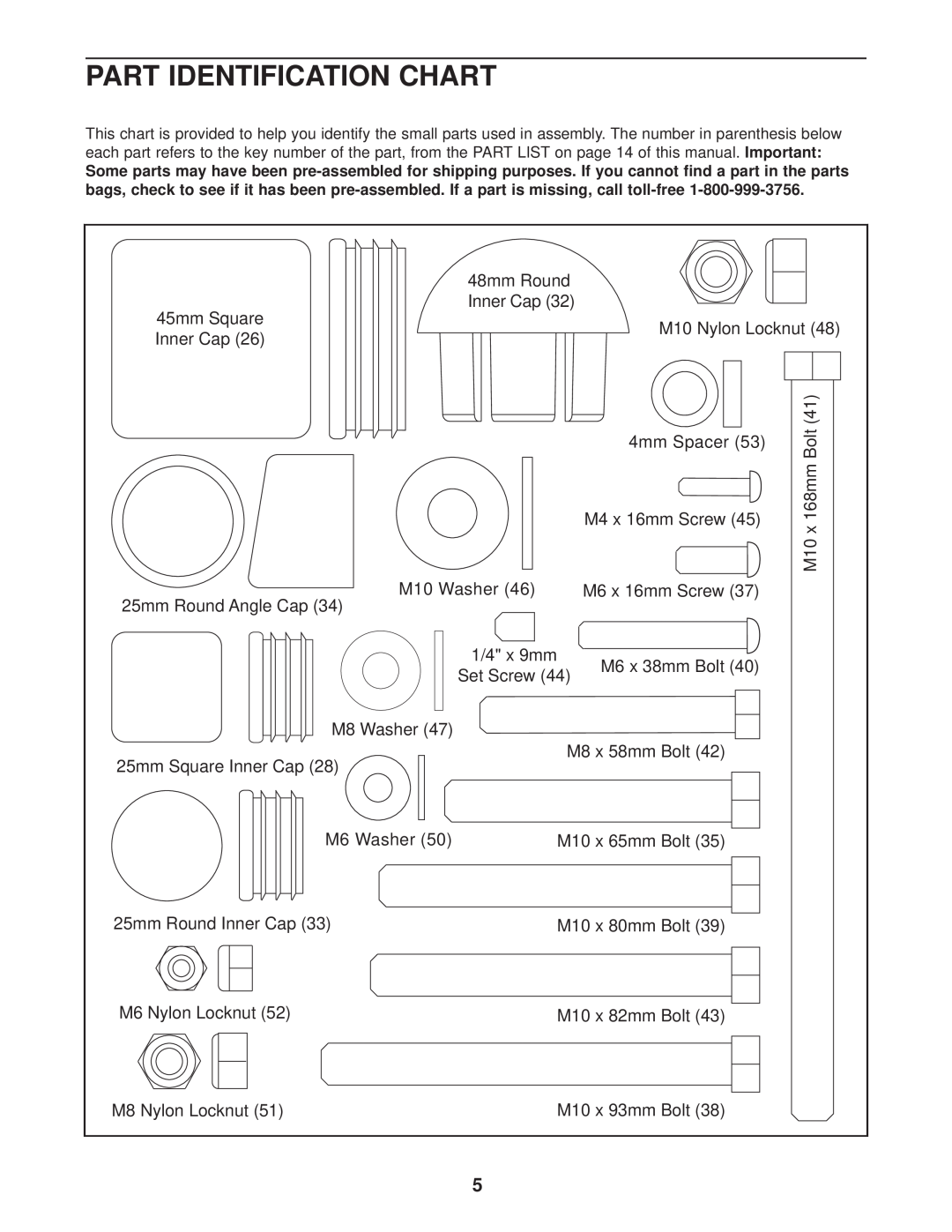 Weider 831.150310 user manual Part Identification Chart, M6 x 16mm Screw 