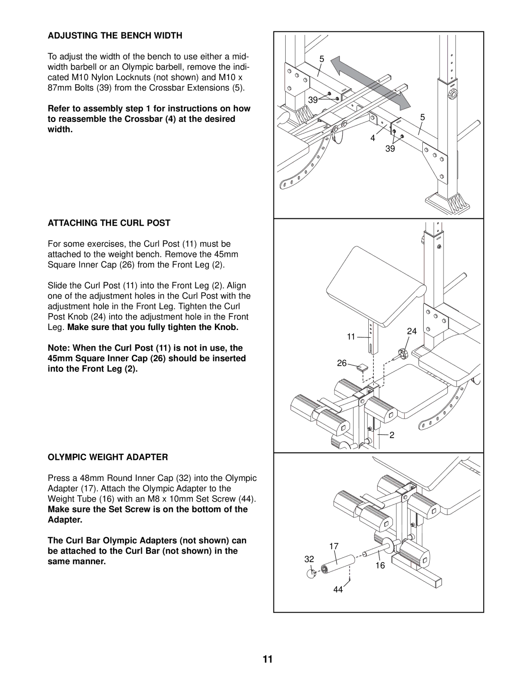 Weider 831.150311 user manual Adjusting the Bench Width, Attaching the Curl Post, Olympic Weight Adapter 