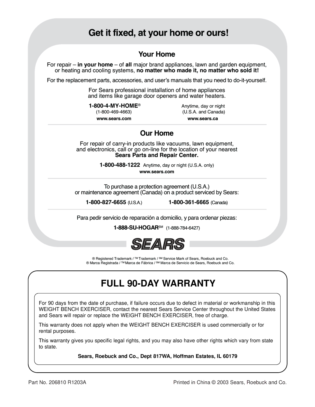 Weider 831.150311 user manual Full 90-DAY Warranty, Sears, Roebuck and Co., Dept 817WA, Hoffman Estates, IL 