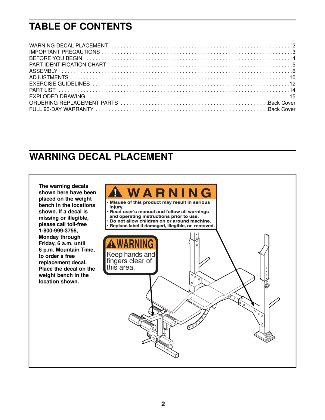 Weider 831.150311 user manual Table of Contents 