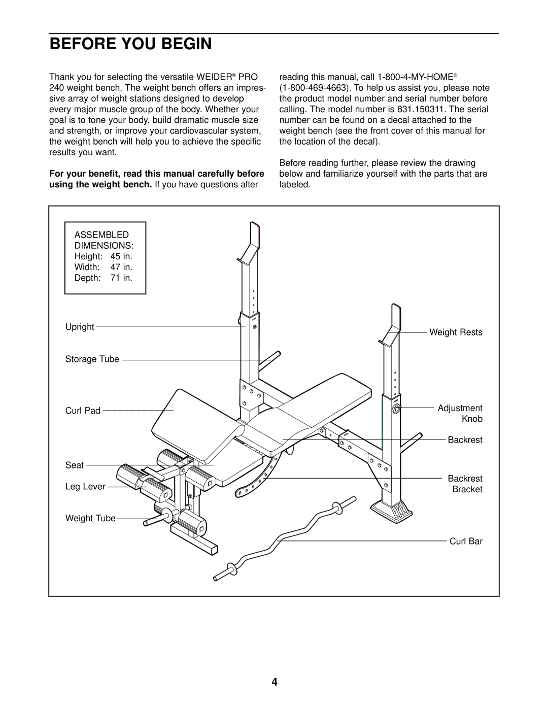 Weider 831.150311 user manual Before YOU Begin, Dimensions 