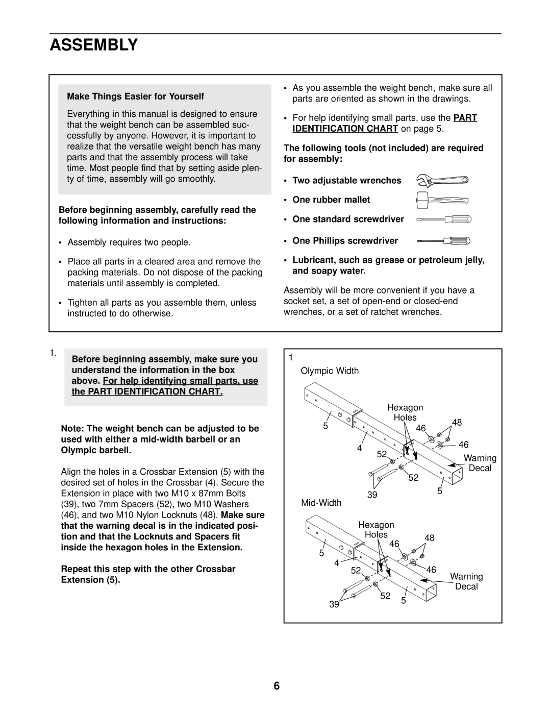 Weider 831.150311 user manual Assembly, Make Things Easier for Yourself, Repeat this step with the other Crossbar Extension 