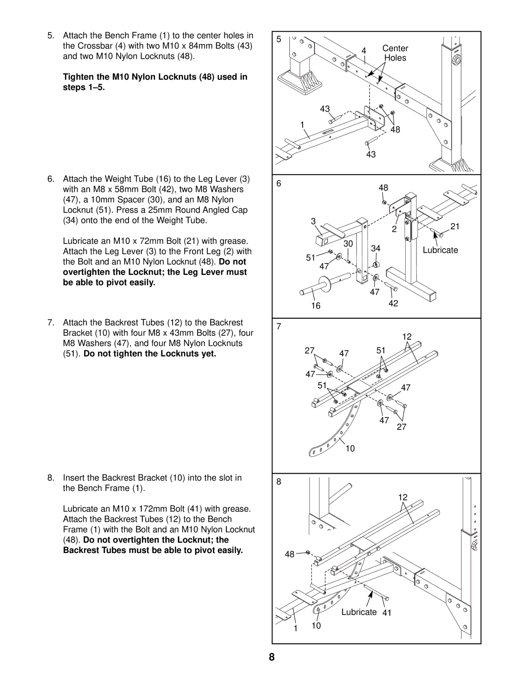 Weider 831.150311 user manual Tighten the M10 Nylon Locknuts 48 used Steps, Do not tighten the Locknuts yet 