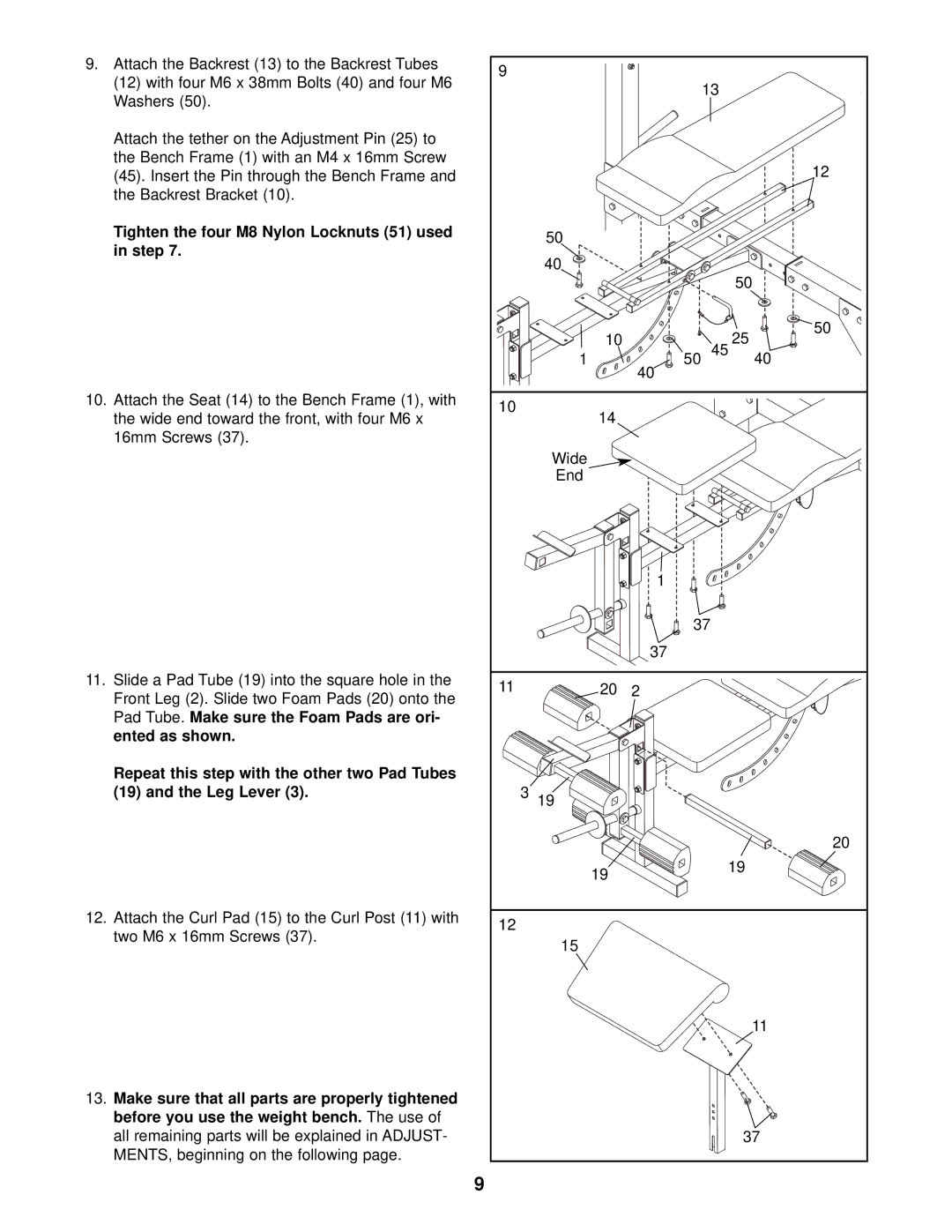 Weider 831.150311 user manual Tighten the four M8 Nylon Locknuts 51 used in step 