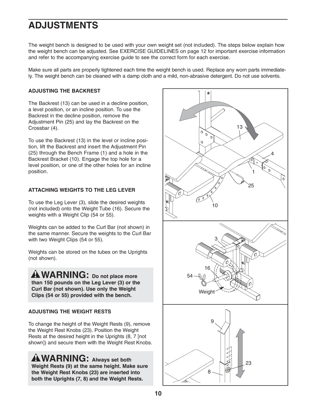 Weider 831.150312 Adjustments, Adjusting the Backrest, Attaching Weights to the LEG Lever, Adjusting the Weight Rests 