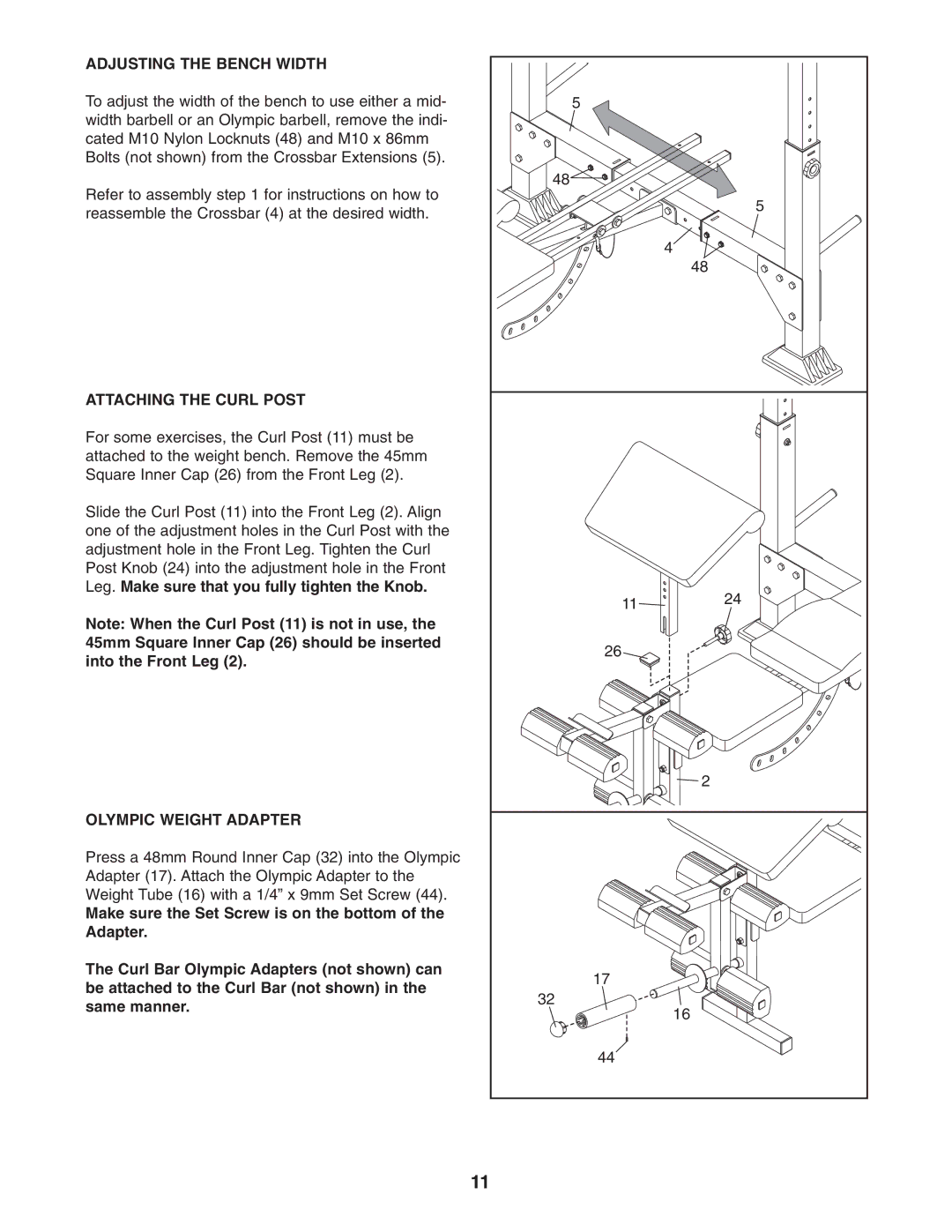 Weider 831.150312 user manual Adjusting the Bench Width, Attaching the Curl Post, Olympic Weight Adapter 