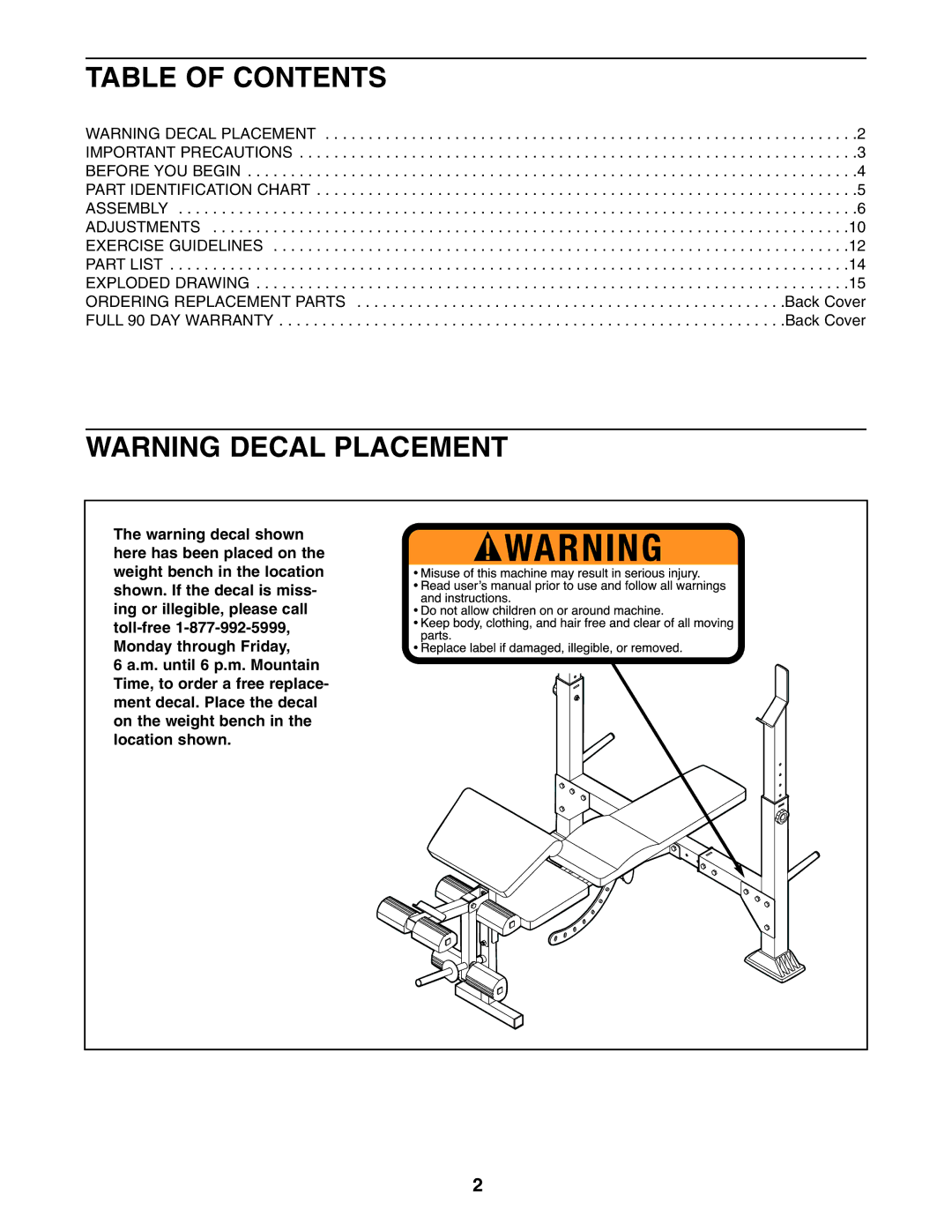 Weider 831.150312 user manual Table of Contents 