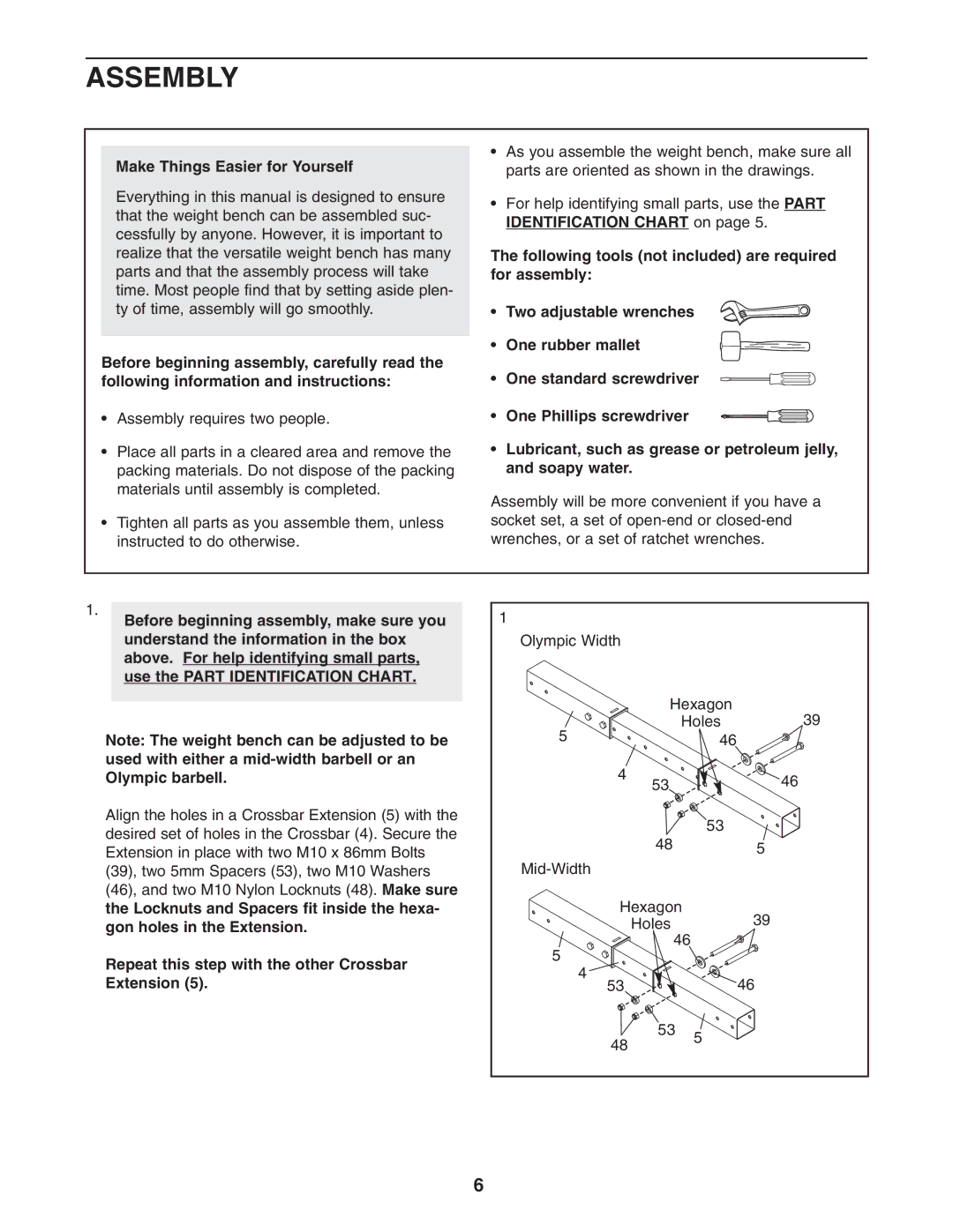 Weider 831.150312 user manual Assembly, Make Things Easier for Yourself, Repeat this step with the other Crossbar Extension 