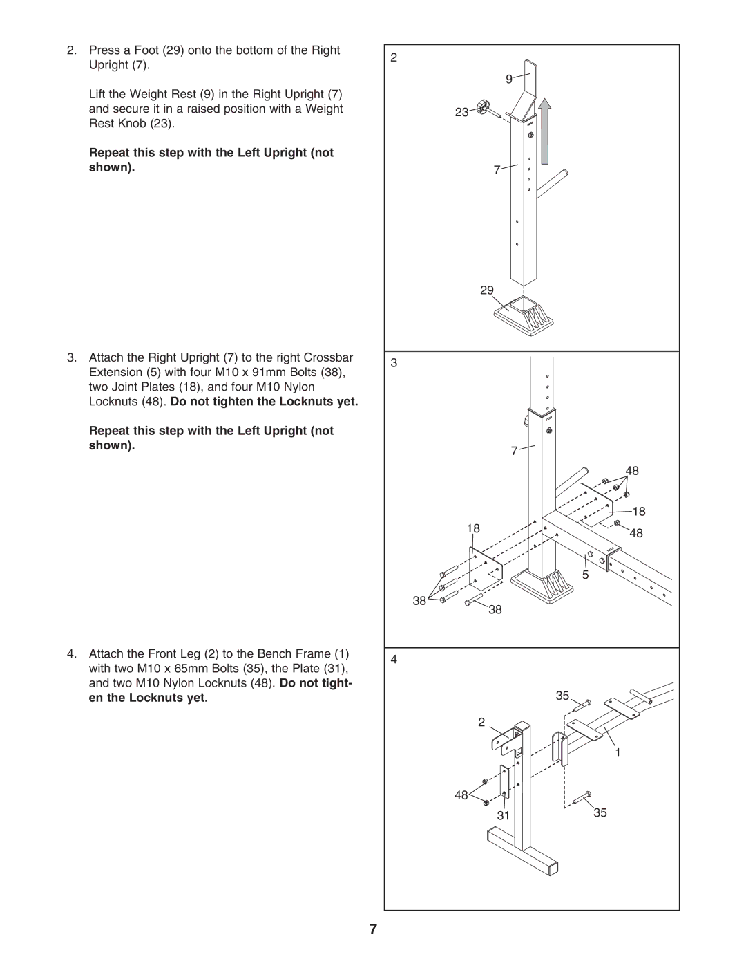 Weider 831.150312 user manual Repeat this step with the Left Upright not shown 