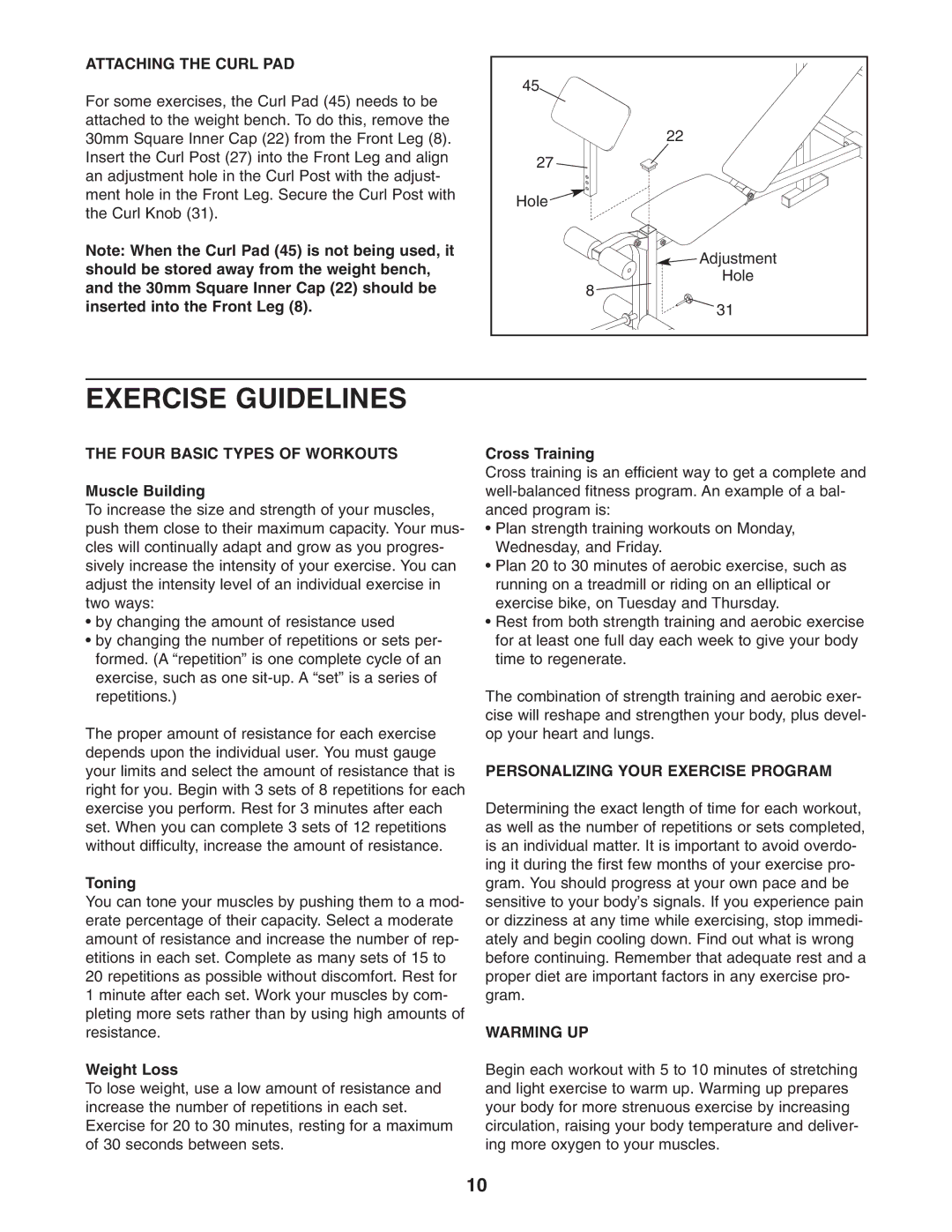 Weider 831.150341 user manual Exercise Guidelines, Attaching the Curl PAD, Four Basic Types of Workouts, Warming UP 