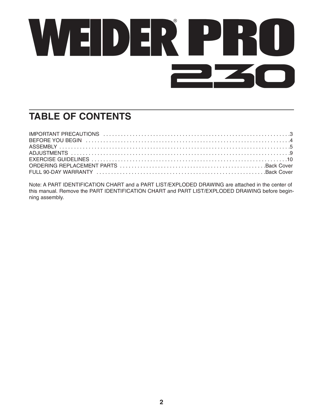 Weider 831.150341 user manual Table of Contents 