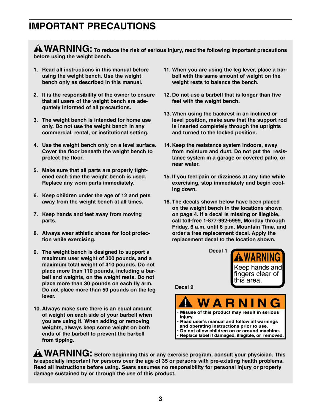 Weider 831.150341 user manual Important Precautions, Decal 